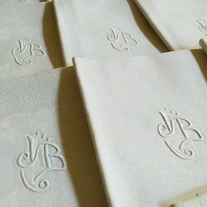 Vintage-6 Art Nouveau linen napkins-in-the-original-state-monogram MK-large English roses with leaves-meanders-France around 1900