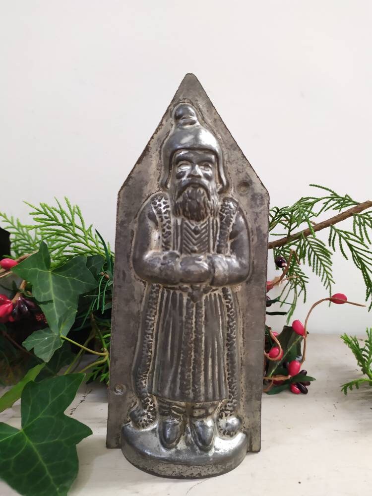 Antique Français Santa Chocolate Mold 19 cm/7.5 ~ Père Noël Moule en Métal Objet de Collection Cadea