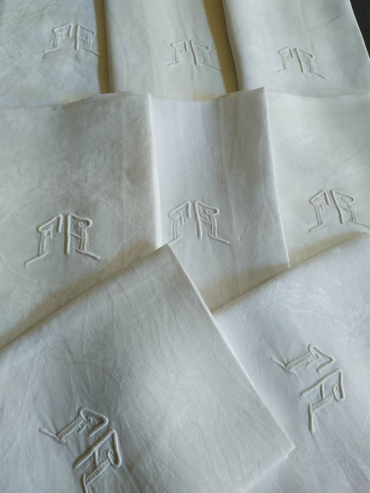 Ensemble de 8 Superbes Serviettes en Lin Damassé Extra Large Français Antiques Monogram Fh' Floral D