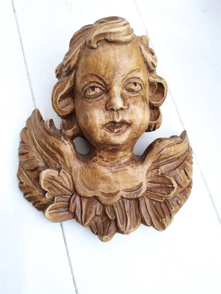 Tête d'ange en Bois Sculpté Italien Vintage avec Ailes, Décor Romantique, Style Baroque, Fabriqué It