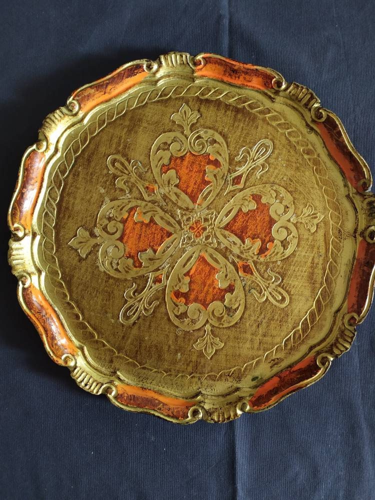 Superbe Vintage Florentine Orange et Gold Platter, Made in Italy, Intérieurs Romantiques, Style Ital