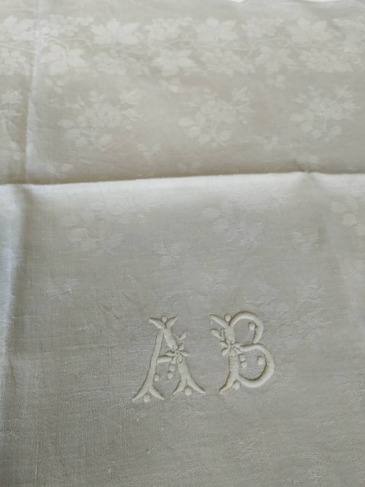 Ancien Français Torchon en Lin Damassé Monogrammé avec Initiales Ab, Château Chic, Projet de Couture