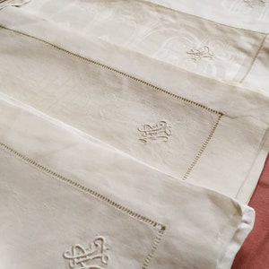 Vintage-6 Art Nouveau linen napkins-in-the-original-state-monogram MK-large English roses with leaves-meanders-France around 1900
