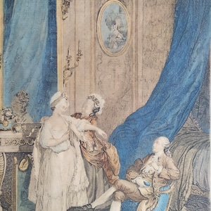 Vintage Hand-Colored French Engraving: Romantic Bedroom Decor