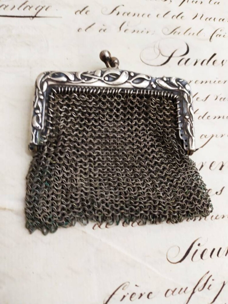 Antique 1900s French Solid Silver Mesh Purse Silver Purse Chatelaine Coin Purse