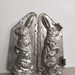 Rare Large Vintage  German Standing   Bunny Rabbit  Two Part Metal Chocolate Mold with Clips, Collectors Item Easter Gift