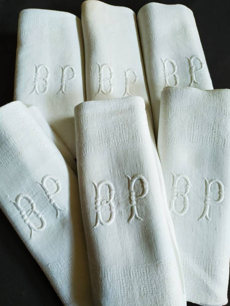 Ensemble de 6 Serviettes Table en Lin Blanc Français, Monogramme d'initiales Bp, Français Antique, G