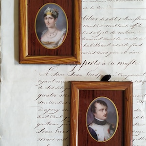 Paar Vintage Miniatur Napoleone und Josephine gerahmte Porträts - Chateau Chic, französische Dekoration, Napoleon und Josephine Porträts