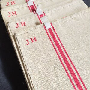 Set of  4 Vintage Never Washed or Used French Red Stripe Tea towels, french country deco, country French, Vintage French Linen,  JH Initials