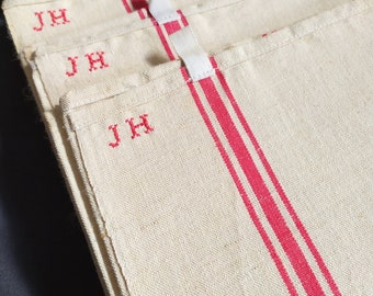 Set of  4 Vintage Never Washed or Used French Red Stripe Tea towels, french country deco, country French, Vintage French Linen,  JH Initials