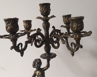 Chandelier vintage Cupidon, bougeoirs à 5 branches en métal doré - Grand candélabre ange français, style romantique français