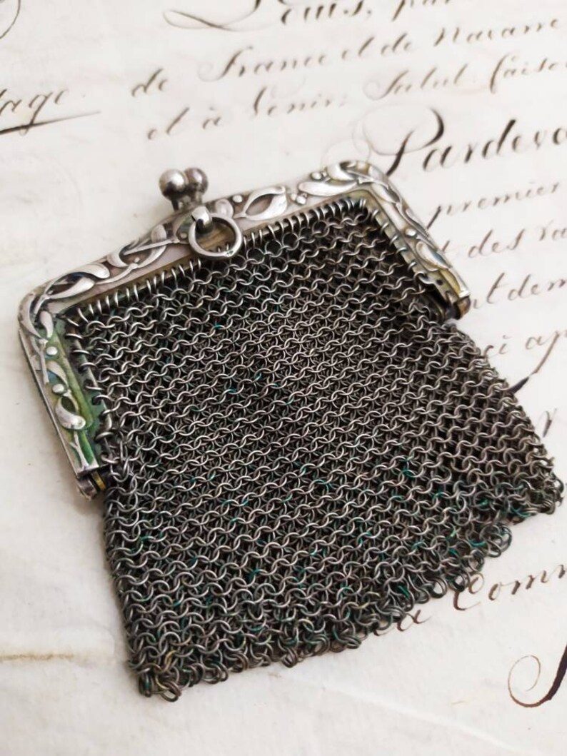 Antique 1900s French Solid Silver Mesh Purse Silver Purse Chatelaine Coin Purse