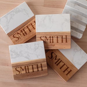Custom Engraved Marble Wood Coaster Set | Engraved Cutting Board | Christmas Gift | Housewarming | Wedding Gift | Monogram Set