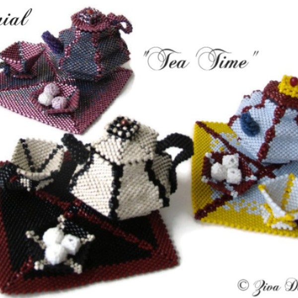 Beadweaving 3D geometric miniature Tea Set pattern w/Delica and seedbeads, peyote instructions, beadwork tutorial "Tea Time"