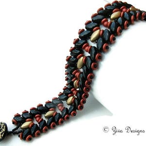 May include: A black, gold, and red beaded bracelet with a decorative clasp. The bracelet is made with small, round beads and is woven in a complex pattern.