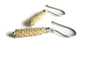 Long dangle cream light weight elegant bridal earrings, beaded unique chick wire wrapped tubes, beadweaving earrings