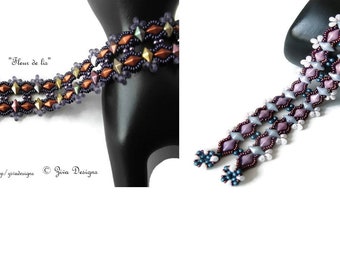 Beaded bracelet pattern tutorial DiamondDuo,Toho's Demi & magatama and pearl beads beadweaving instructions "Fleur de lis" original jewelry