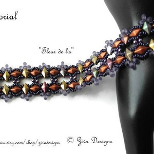 Beaded bracelet pattern tutorial DiamondDuo,Toho&#39;s Demi & magatama and pearl beads beadweaving instructions &quot;Fleur de lis&quot; original jewelry