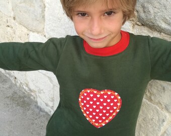 Girls winter dress dark green with appliqued red heart