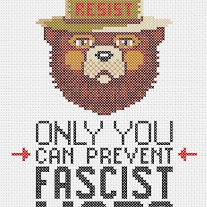 Peut inclure: Motif de point de croix représentant un ours portant un chapeau de garde forestier avec le mot "RESIST". Le texte en dessous dit "ONLY YOU CAN PREVENT FASCIST LIARS". Le design utilise des couleurs marron, beige et noir.
