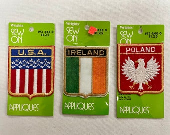 Vintage Iron-On USA, Ireland & Poland Embroidered Patches