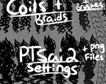 Juego de pinceles para cabello trenzado y enrollado / Herramienta de pintura Sai 2, archivos PNG incluidos