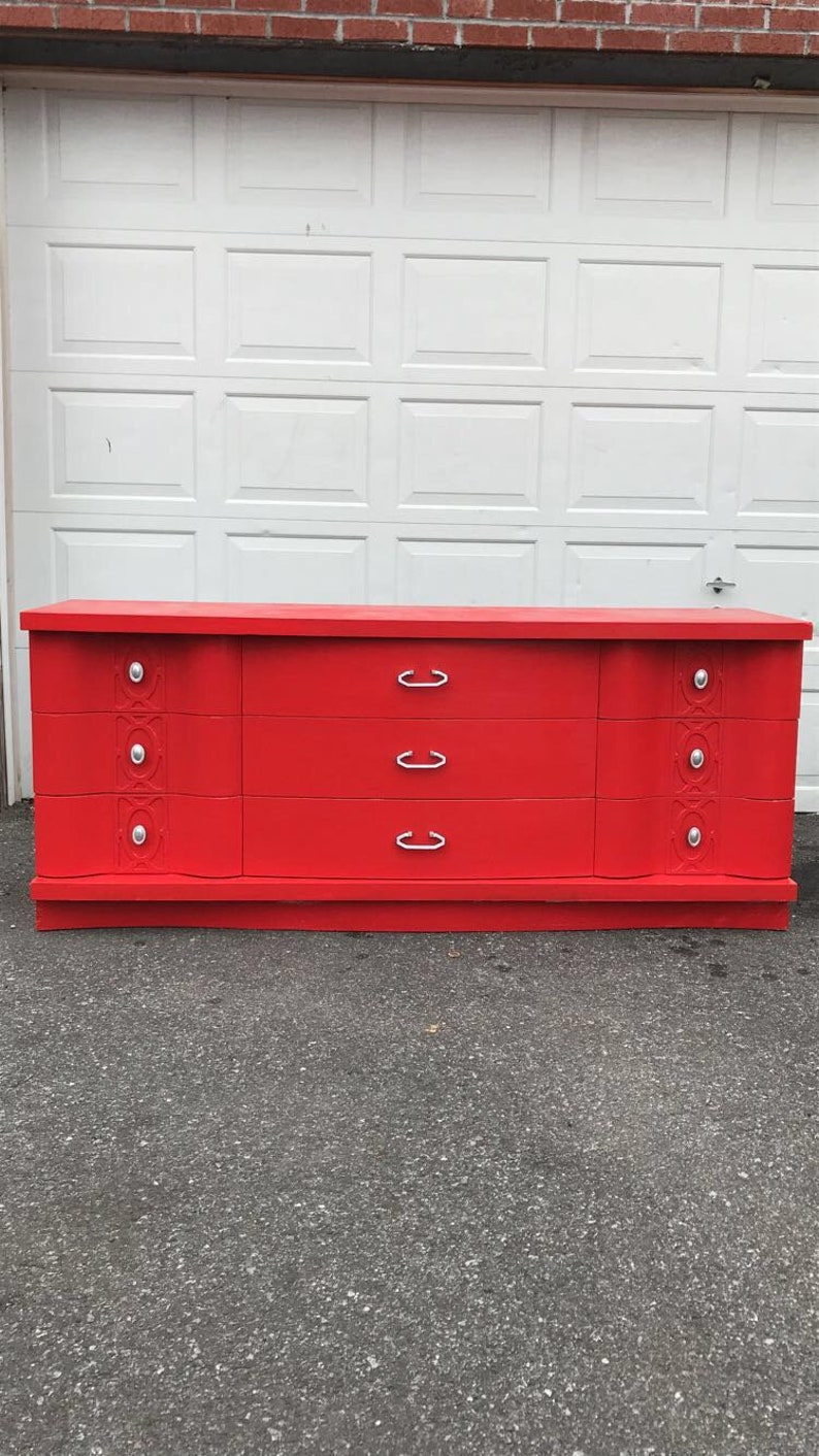 Beautiful Bassett Red Dresservintage Painted Dresser Free Etsy