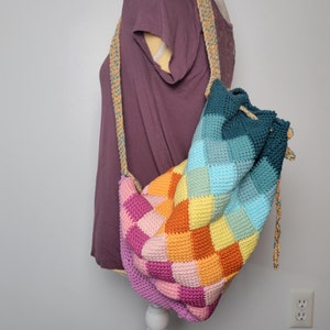 Crochet Multicolor Slouchy Patchwork Bucket Bag, Handmade Colorblock Drawstring Purse, Boho Shoulder Bag Gift for Women