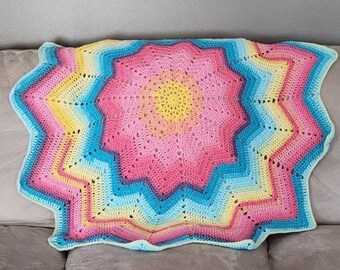 Crochet Multicolor Starburst Baby Blanket, Nursery Afghan for Newborn, Expecting Mom Gift, Toddler Throw Blanket, Baby Shower Gift Girl