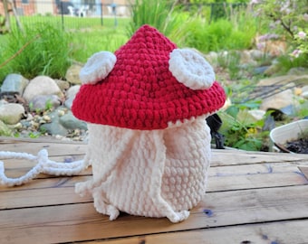 Mushroom Crossbody Bag, Kawaii Toadstool Purse, Cute Crochet Fairycore Drawstring Bag, Boho Cottagecore Gift for Her