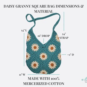 May include: A turquoise blue crochet bag with a daisy pattern. The bag has a 14 inch length, 16 inch drop, 24 inch strap, and 11 inch width. The bag is made with 100% mercerized cotton.