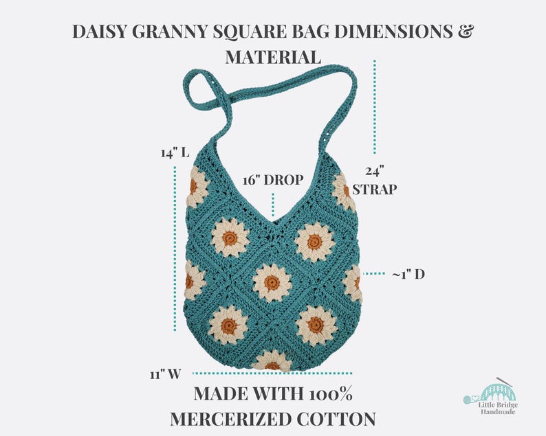 May include: A turquoise blue crochet bag with a daisy pattern. The bag has a 14 inch length, 16 inch drop, 24 inch strap, and 11 inch width. The bag is made with 100% mercerized cotton.