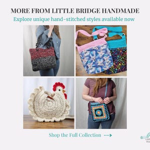 May include: A collection of handmade crocheted bags in various styles and colors, including a tote bag, a crossbody bag, and a small purse. The bags are made with different colored yarns and feature unique designs.