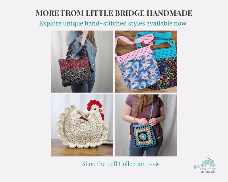 May include: A collection of handmade crocheted bags in various styles and colors, including a tote bag, a crossbody bag, and a small purse. The bags are made with different colored yarns and feature unique designs.