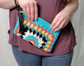 Crochet Granny Square Zippered Wristlet with Tassel, Handmade Boho Small Makeup Bag, Travel Toiletry Pouch, Mothers Day Gift for Her