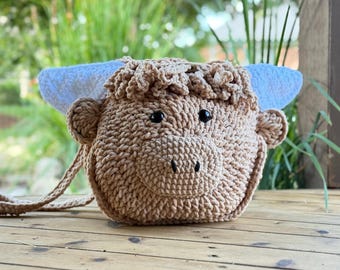 Crochet Highland Cow Purse, Handmade Farm Animal Cross Body Bag, Funny Plush Novelty Purse, Quirky Farm Gift for Cow Lovers