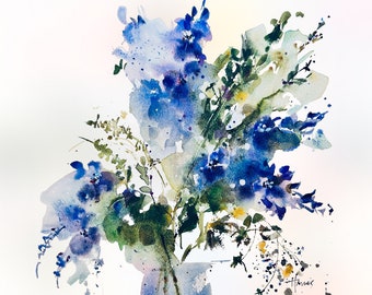 Blue Wildflowers, original watercolor 12x12 inches on 140lb French Arches watercolor paper, Home Decor, Wall Art