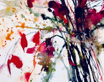 Pétales poétiques, 18 x 61 cm, aquarelle originale sur papier aquarelle Arches de 140 lb, oeuvre d'art faite main