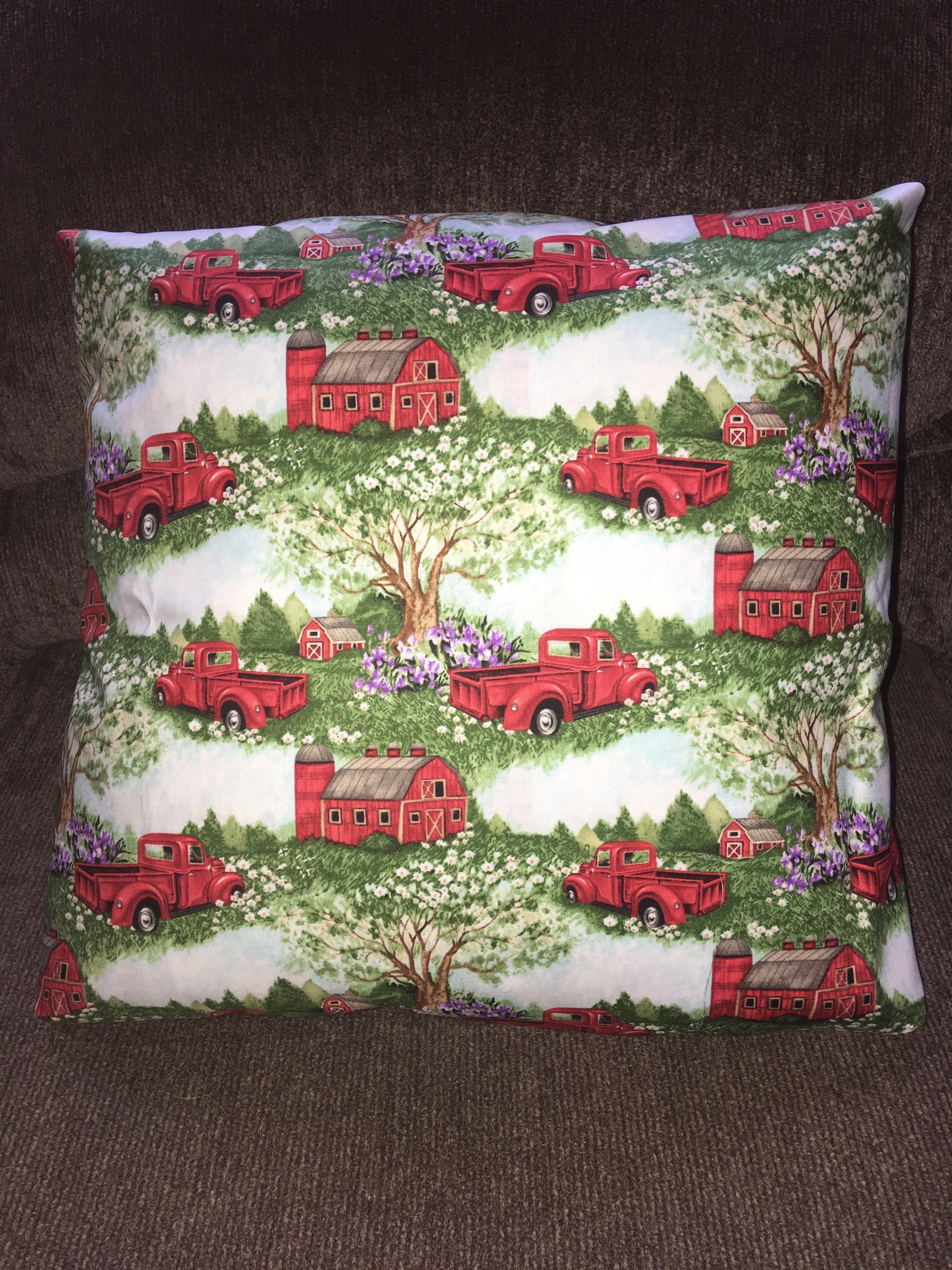 Red truck and barn throw pillow back is solid color Etsy
