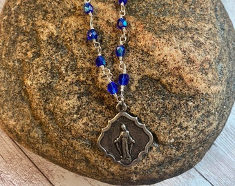 Wire Wrapped Blue Decade Miraculous Medal Necklace