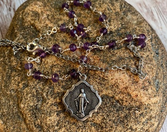 Amethyst Wire wrapped Miraculous Medal Necklace