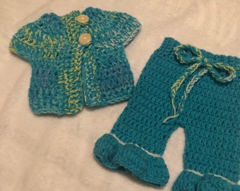 Newborn crocheted ruffle pants with drawstring and vest/cardigan