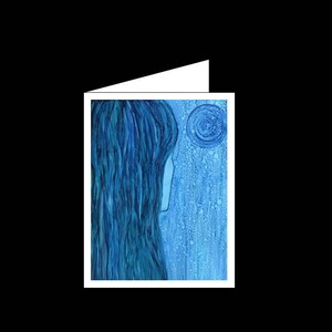 May include: A blue and white abstract painting of a person with long hair looking up at a circle.