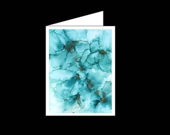 Teal Flowers - Alcohol Ink - Greeting Card