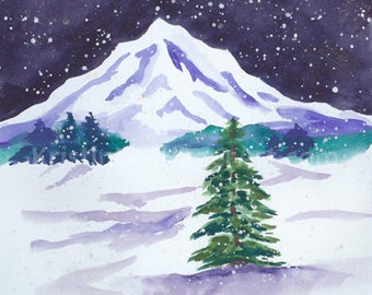 Winter watercolor paintings or greeting card set Midnight Winter