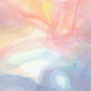 May include: Abstract watercolor painting with soft, blended colors of pink, yellow, blue, and purple. The colors create a sense of movement and depth, with lighter shades blending into darker ones. The painting has a calming and ethereal feel.