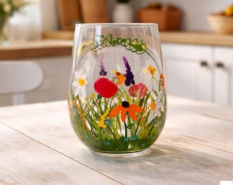 Copa de vino sin tallo pintada a mano con motivos florales, copa de vino pintada con flores silvestres, regalo para mamá, decoración de cocina de verano, regalo de hijo, regalo para un nuevo hogar