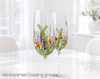 Copas de champán WildFlowers pintadas a mano, copas para brindis de boda, juego de copas florales, copas rústicas para bodas, copas para novios, juego de 2