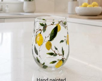 Hand Painted Lemon Stemless Wine Glass, Citrus Drinkware, Artisan Tumbler
