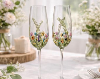 Copas de champán florales pintadas a mano para bodas, juego de copas para brindar con motivos de flores silvestres, regalo rústico para novios.